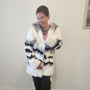 Black And White Faux Fur Black Diamond Womens Coat